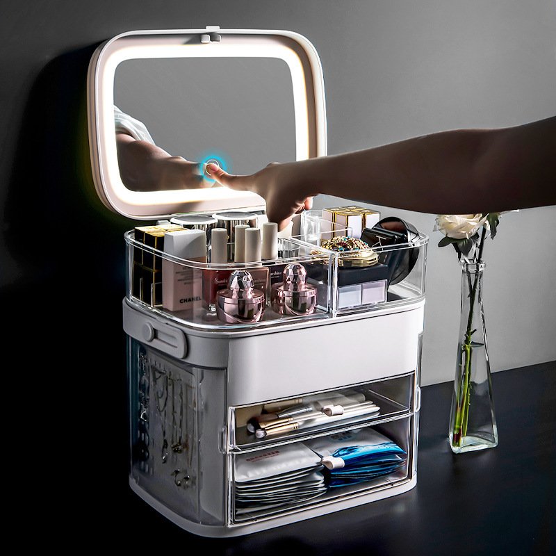 Plastic Multifunction PS Modern Dustproof Led Makeup Mirror Organizer with Light Led Cosmetic Make up Storage Box