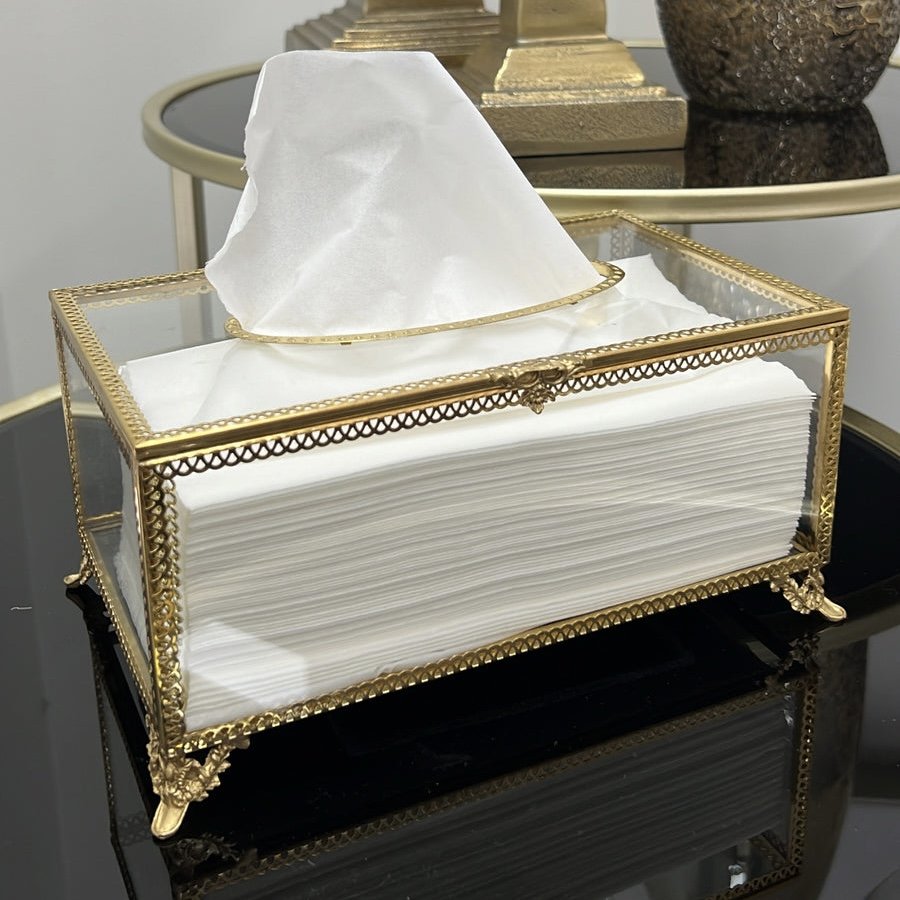Modern Home Decorative Clear Glass Gold Metal Framed Napkin Box Nordic High Quality Luxury Tissue Box