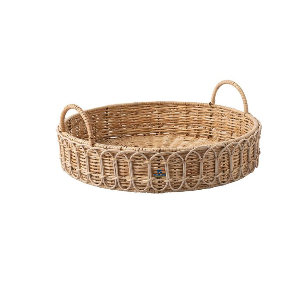 High Quality Hand-Woven Round Wicker Decorative Basket Rattan Serving Tray with Handles From Thanh Cong Handicraft