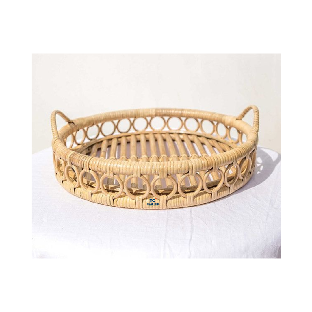 High Quality Hand-Woven Round Wicker Decorative Basket Rattan Serving Tray with Handles From Thanh Cong Handicraft