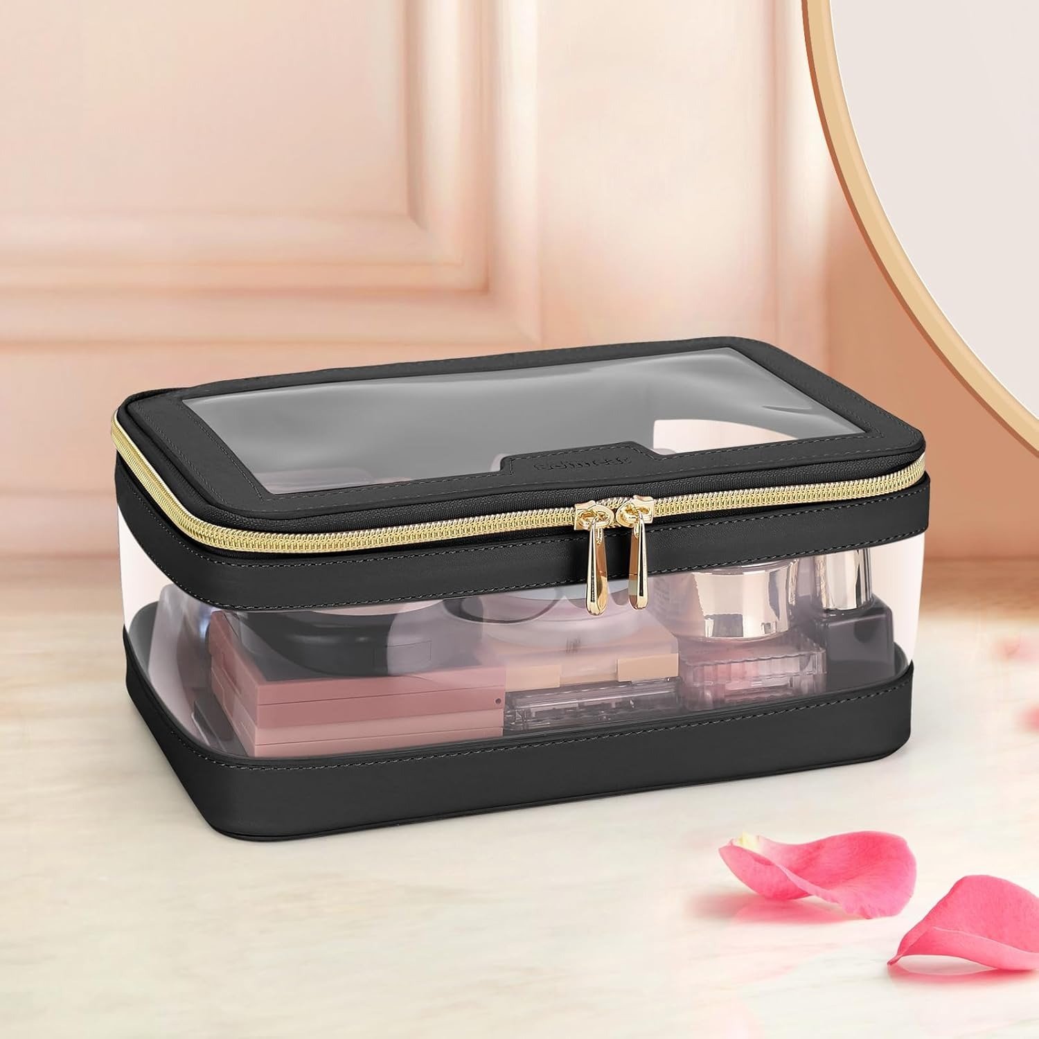 High Quality Luxury Portable Transparent Clear Travel Makeup Organizer Bag Professional Custom Logo Zipper Closure Leather