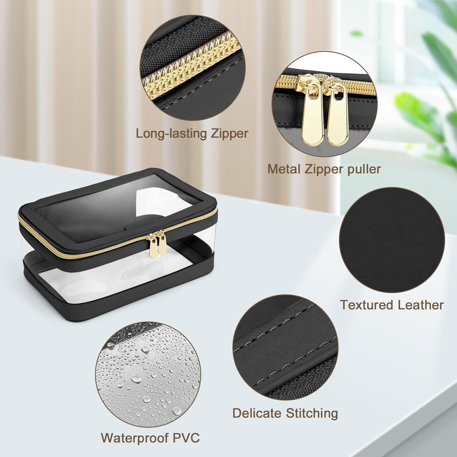 High Quality Luxury Portable Transparent Clear Travel Makeup Organizer Bag Professional Custom Logo Zipper Closure Leather