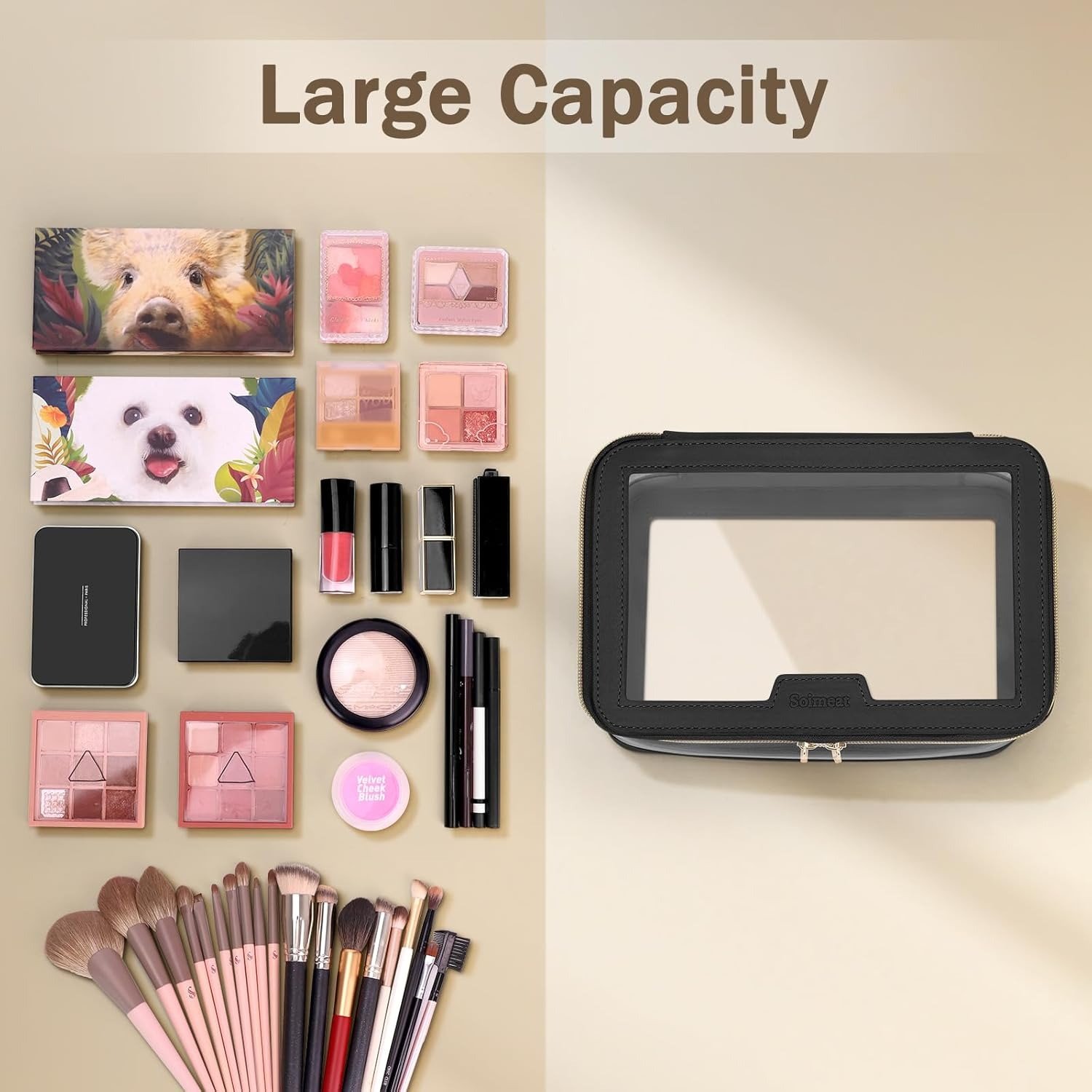High Quality Luxury Portable Transparent Clear Travel Makeup Organizer Bag Professional Custom Logo Zipper Closure Leather