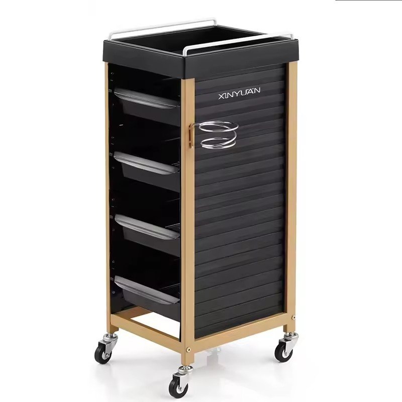 Professional hair salon equipment rolling spa gold metal side makeup cabinet organizer case barber shop trolley for salon