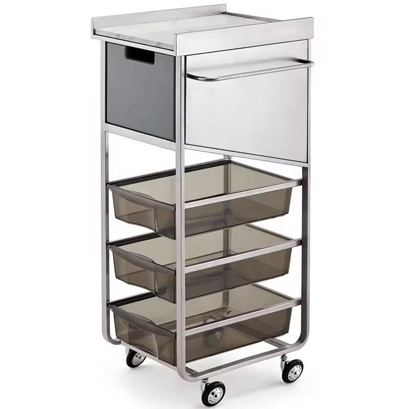 Professional hair salon equipment rolling spa gold metal side makeup cabinet organizer case barber shop trolley for salon