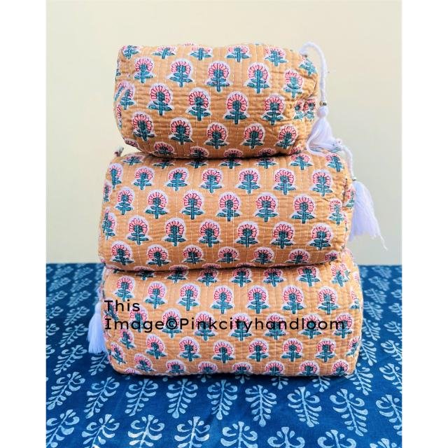 Toiletry pouch Makeup Accessory Women Shopping Shoulder Bag Travel Quilted Cosmetic Organizer Handmade Block Printed Pouches