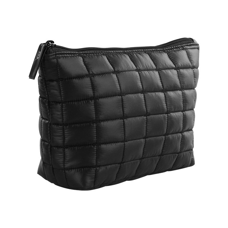 Custom Logo Puffer Padded Quilted Nylon Black Cosmetic Makeup Toiletry Organizer Waterproof Beauty Skincare Pouch Bag