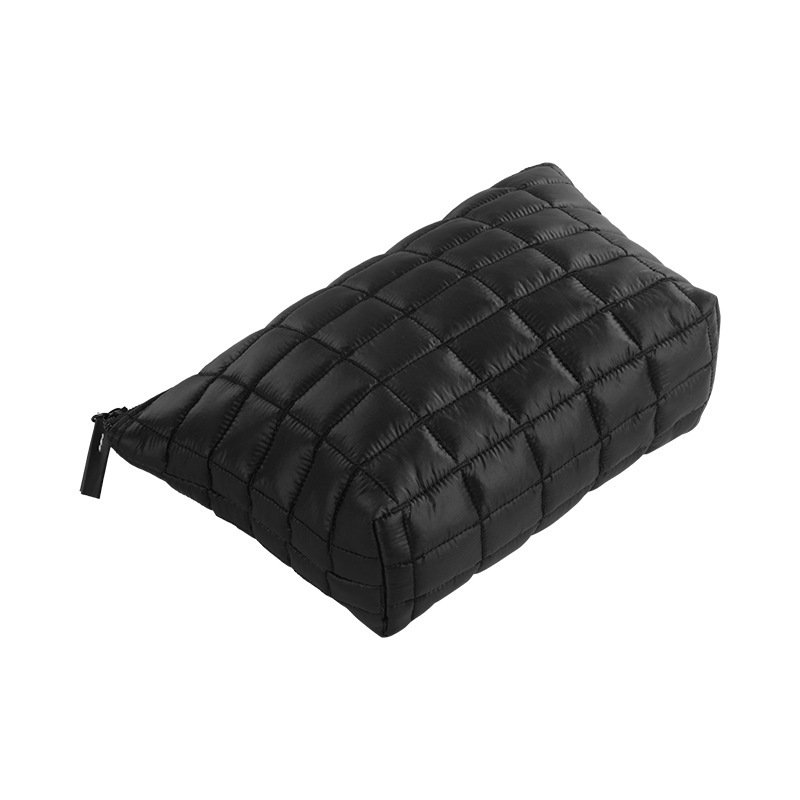 Custom Logo Puffer Padded Quilted Nylon Black Cosmetic Makeup Toiletry Organizer Waterproof Beauty Skincare Pouch Bag