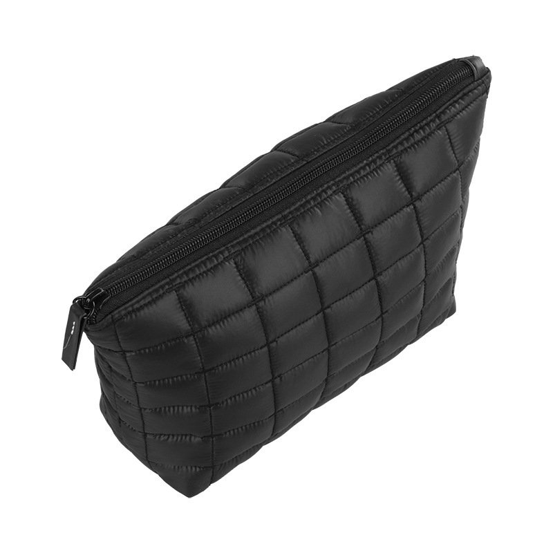 Custom Logo Puffer Padded Quilted Nylon Black Cosmetic Makeup Toiletry Organizer Waterproof Beauty Skincare Pouch Bag