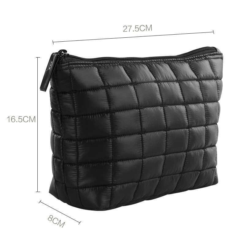 Custom Logo Puffer Padded Quilted Nylon Black Cosmetic Makeup Toiletry Organizer Waterproof Beauty Skincare Pouch Bag