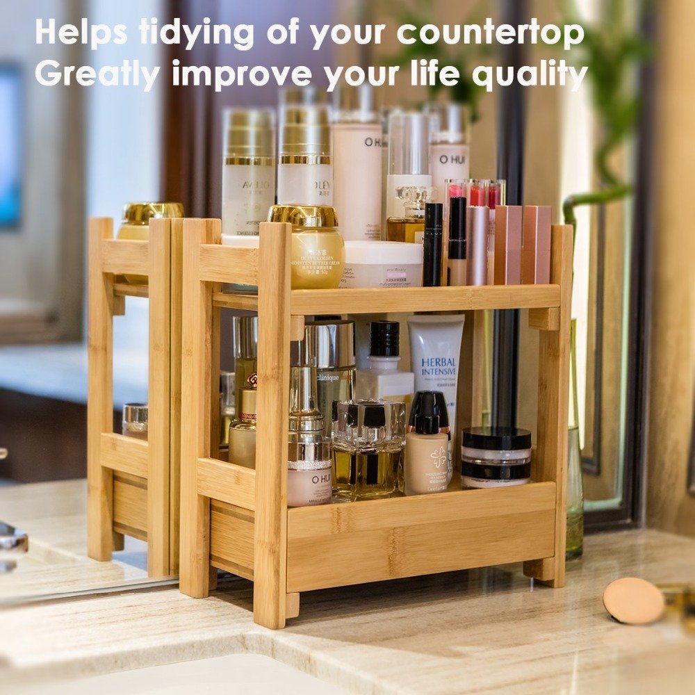 Bamboo Wood Makeup Organizer Holder Cosmetic Storage with 1 Drawer Storage Boxes & Bins Eco-friendly Natural Customized Logo