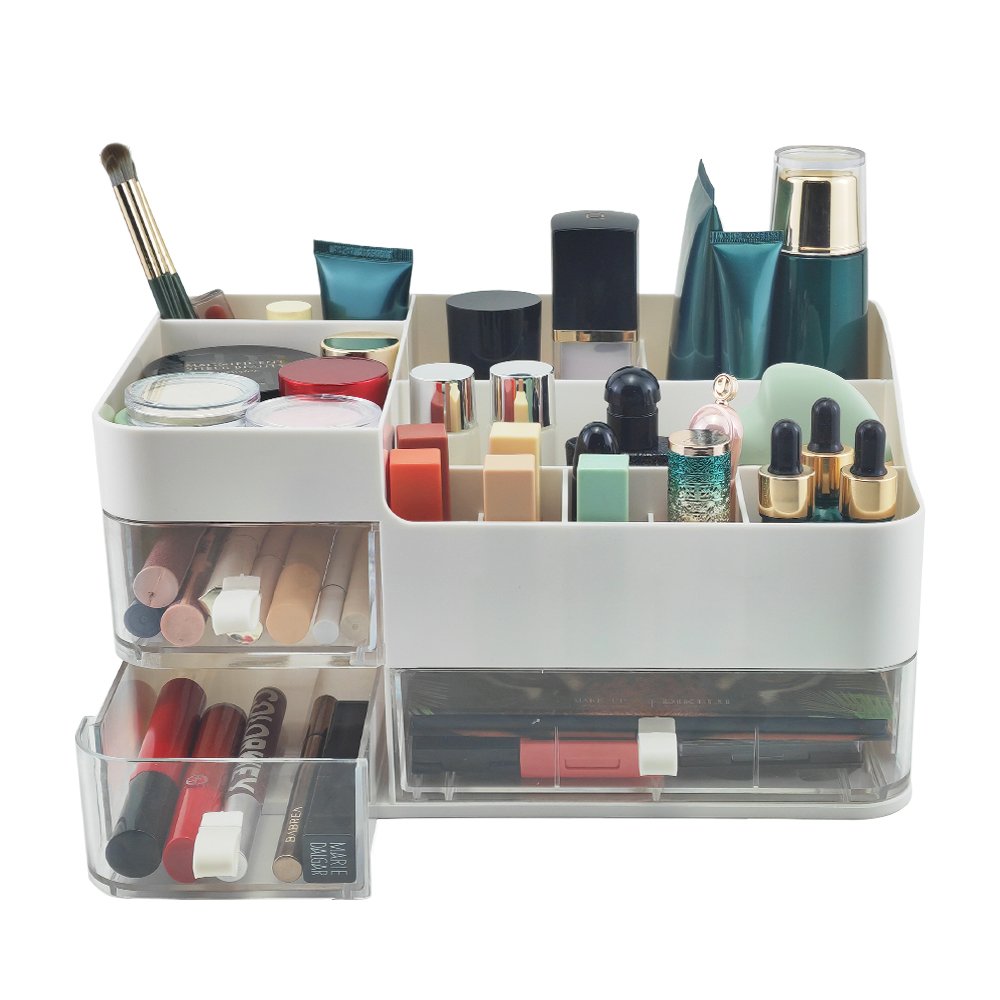 White Makeup Organizer and Storage,Large Vanity Organizer with Clear Drawers for Cosmetics