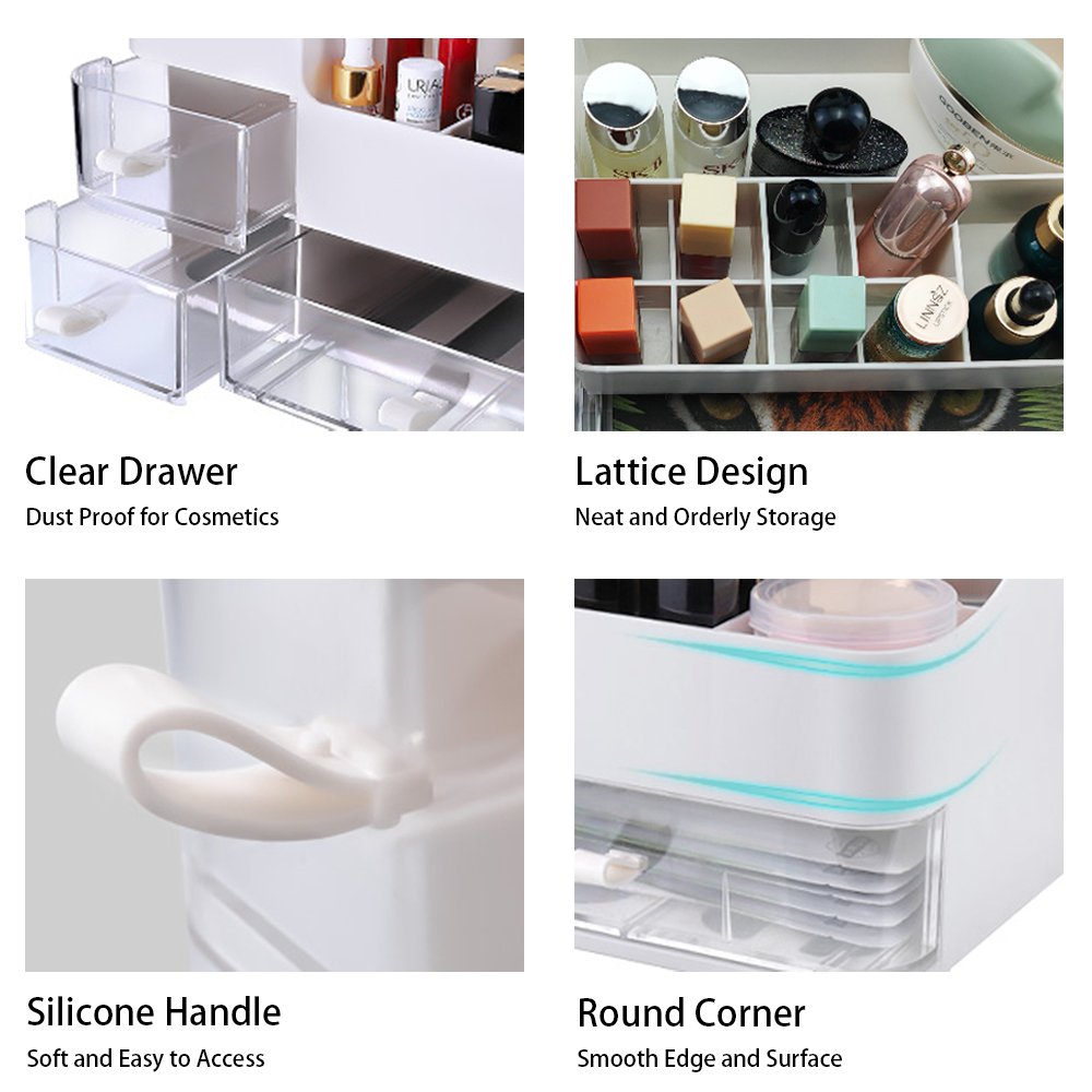 White Makeup Organizer and Storage,Large Vanity Organizer with Clear Drawers for Cosmetics