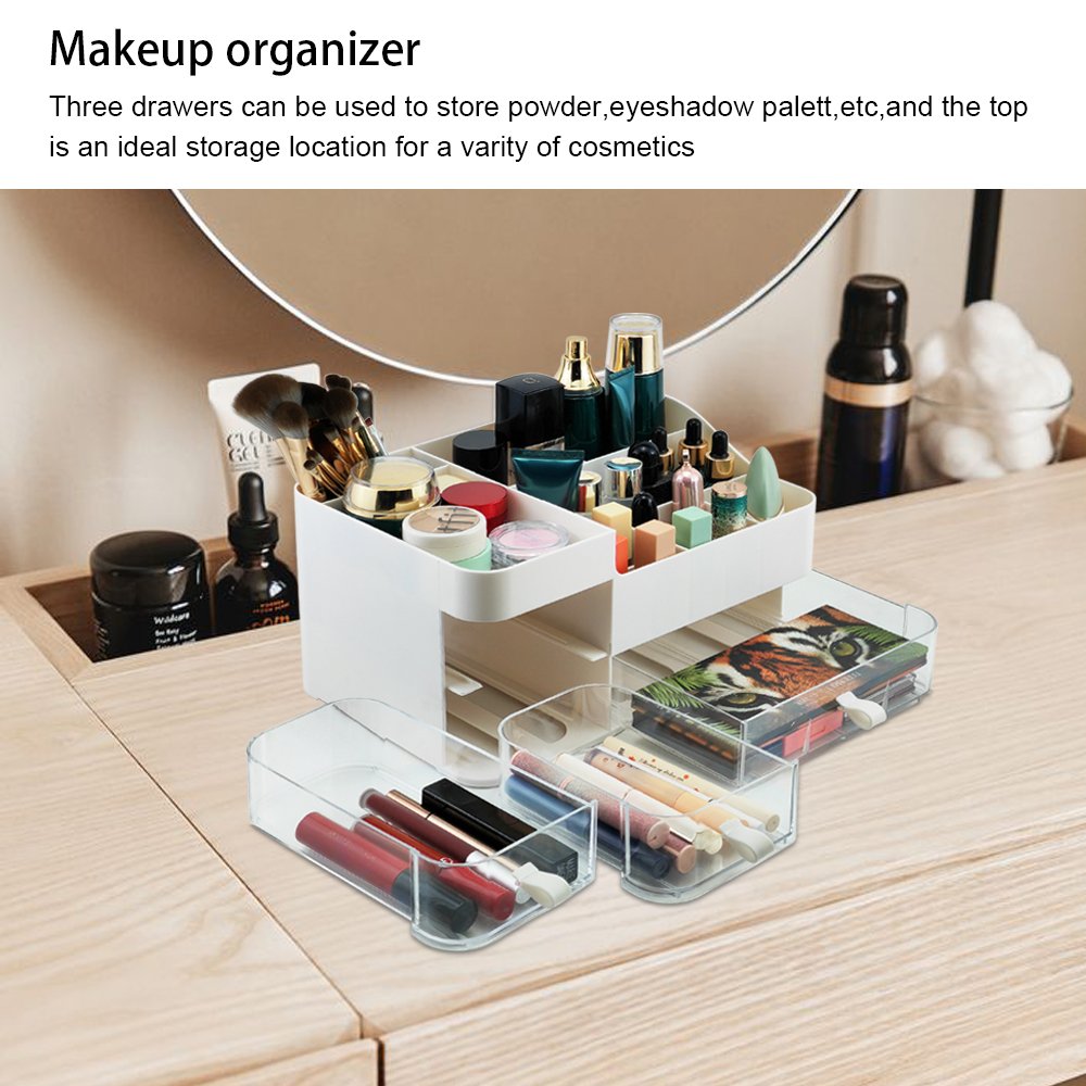 White Makeup Organizer and Storage,Large Vanity Organizer with Clear Drawers for Cosmetics
