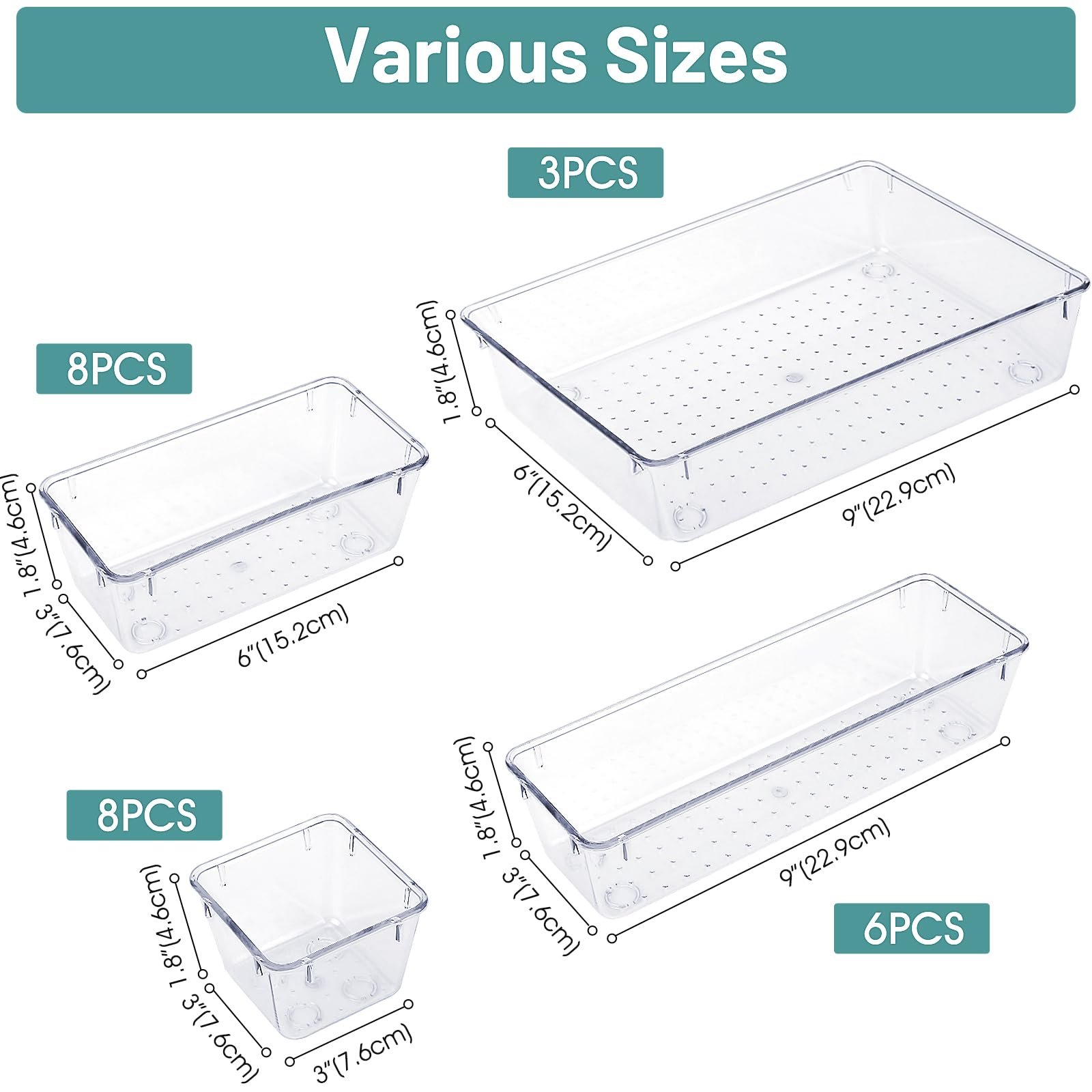 25 PCS Clear Plastic Drawer Organizer Set, 4 Sizes Desk Drawer Divider Organizers and Storage Bins for Makeup, Jewelry, Gadgets