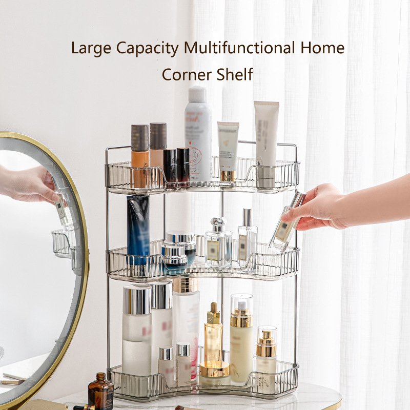 Three tier light luxury silver bathroom corner shelf raw room shelf transparent washstand cosmetic storage shelf