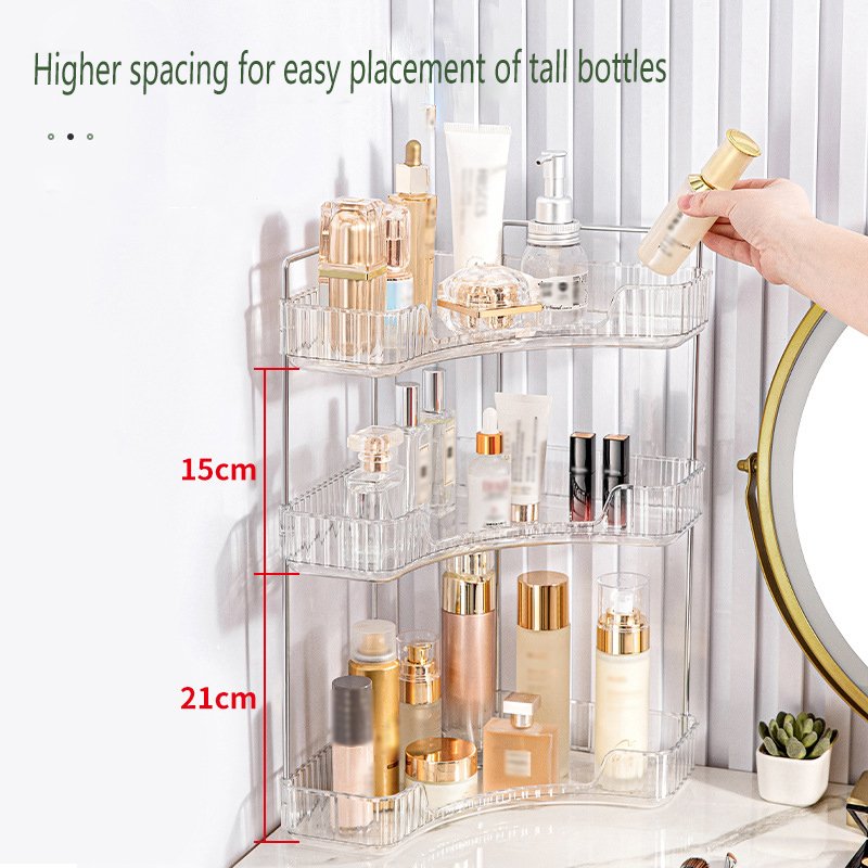 Three tier light luxury silver bathroom corner shelf raw room shelf transparent washstand cosmetic storage shelf