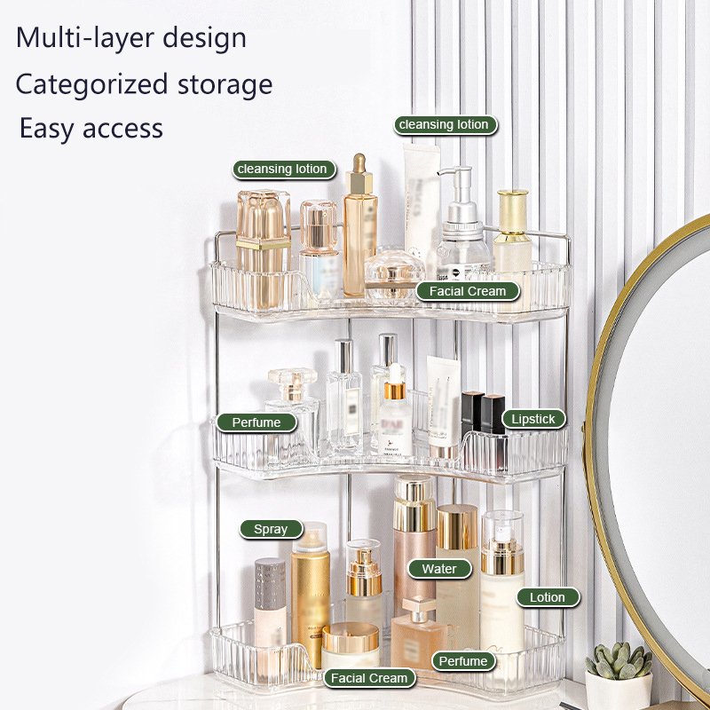Three tier light luxury silver bathroom corner shelf raw room shelf transparent washstand cosmetic storage shelf