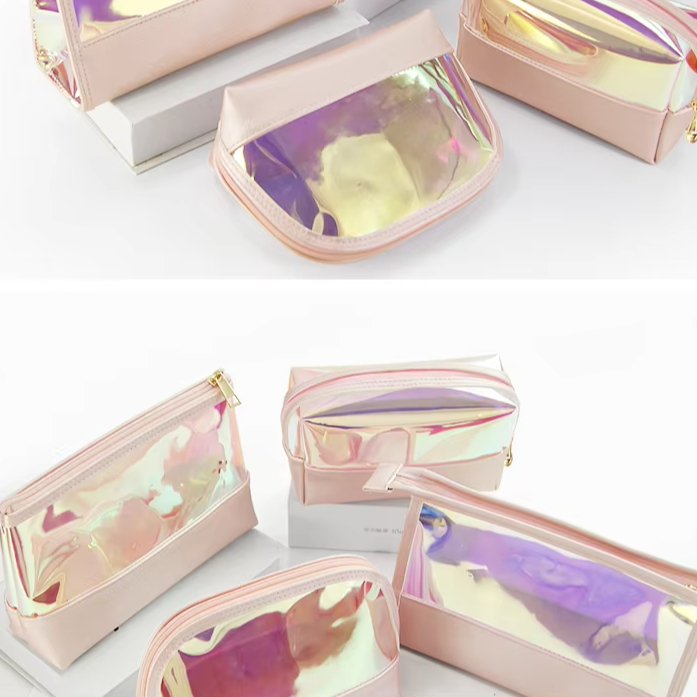 Wholesale Multi Type Laser Holographic Cosmetic Pouch With Zipper Clear Travel Makeup Storage Bag