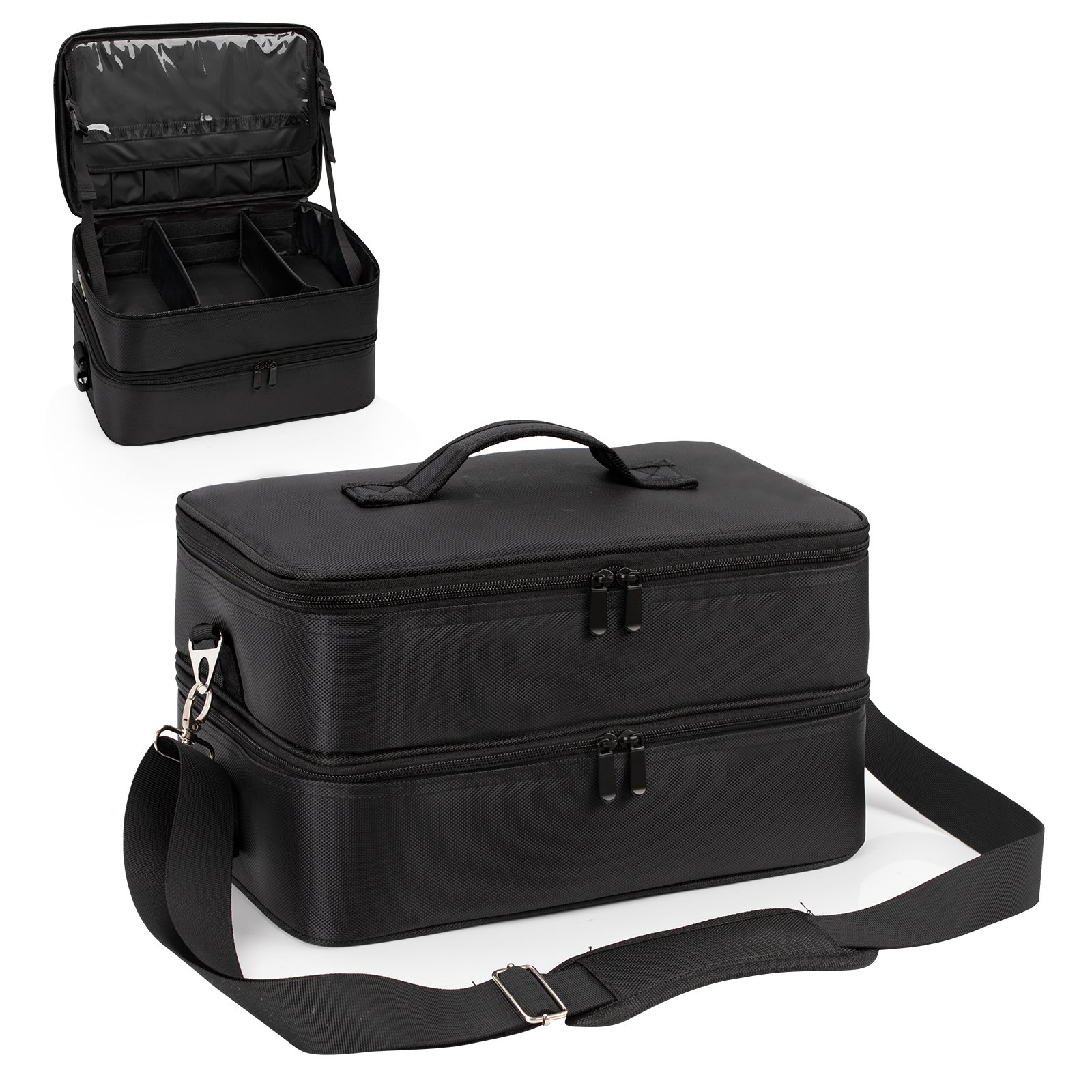 Relavel Shoulder Cosmetic Case Black Double XL Cosmetic Travel Case Organizer with 2 Removable Pouches and Shoulder Strap
