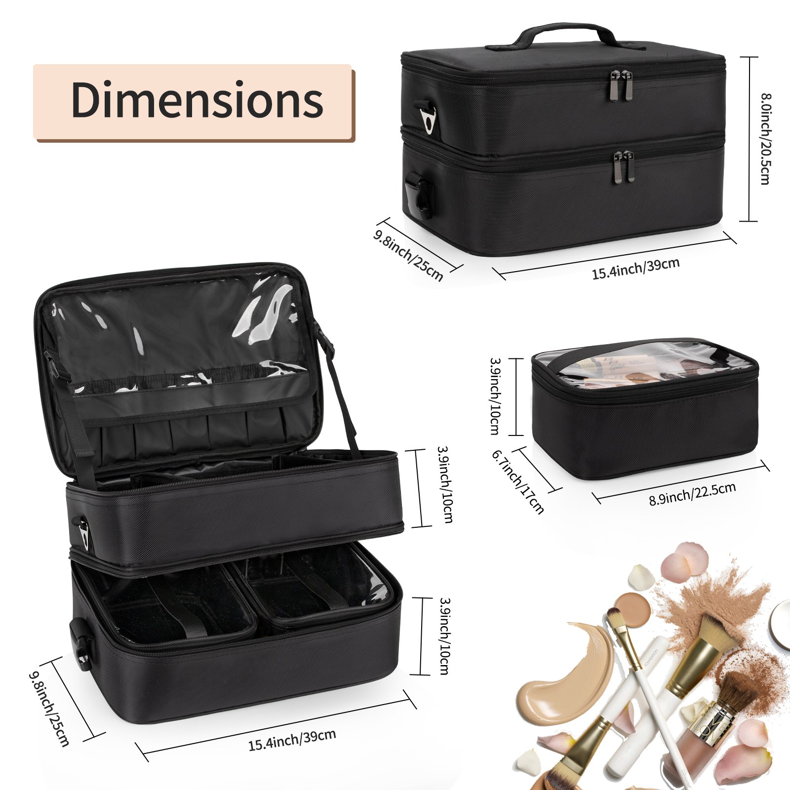 Relavel Shoulder Cosmetic Case Black Double XL Cosmetic Travel Case Organizer with 2 Removable Pouches and Shoulder Strap