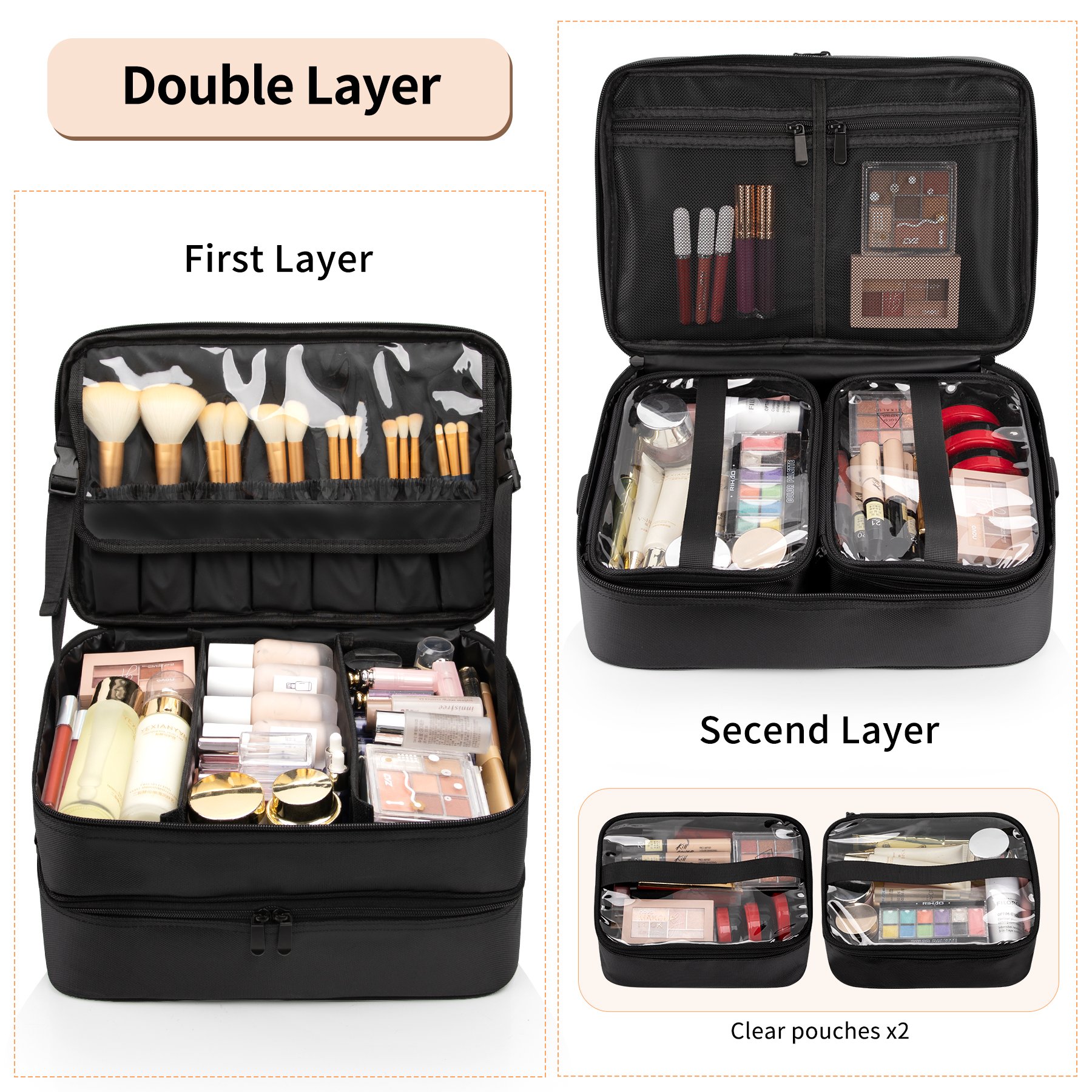 Relavel Shoulder Cosmetic Case Black Double XL Cosmetic Travel Case Organizer with 2 Removable Pouches and Shoulder Strap