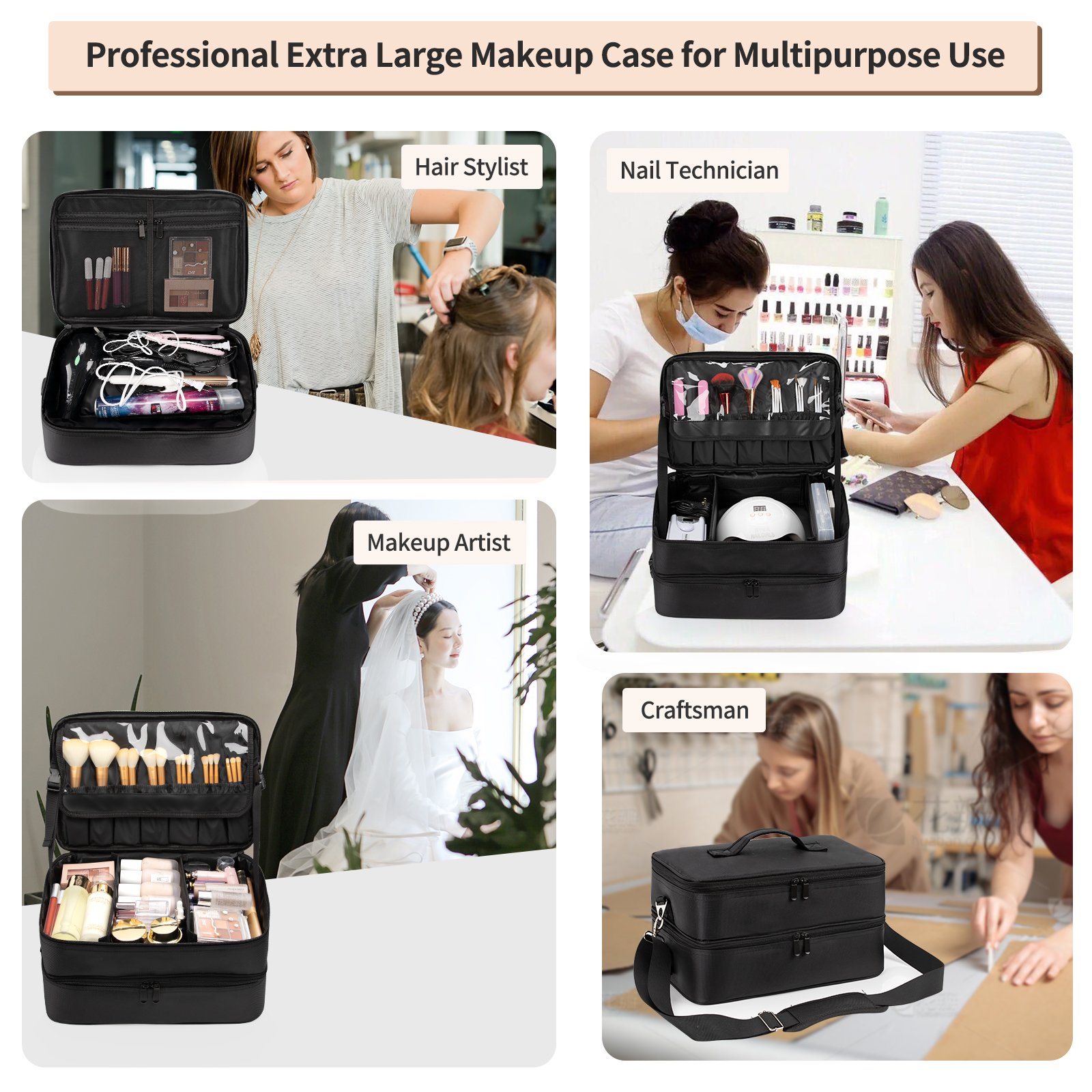 Relavel Shoulder Cosmetic Case Black Double XL Cosmetic Travel Case Organizer with 2 Removable Pouches and Shoulder Strap