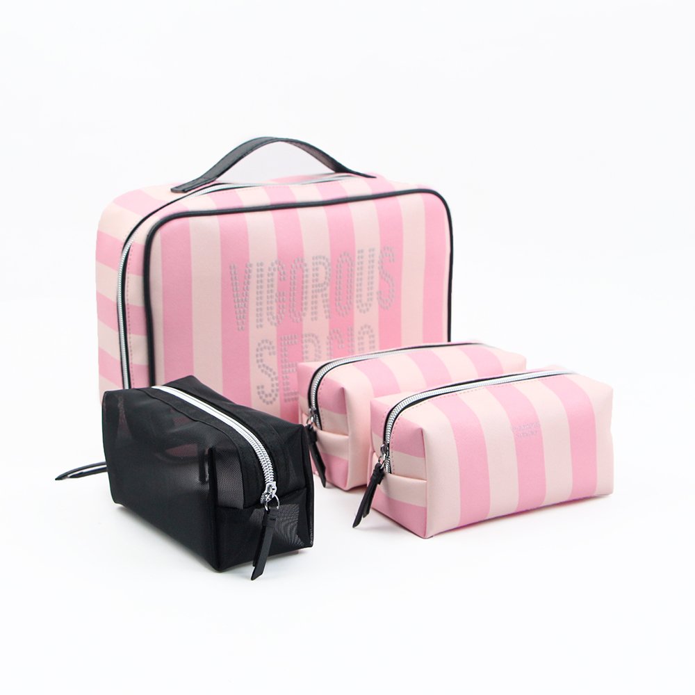 Customized Large Capacity Black Mesh Travel Pink Stripe Pu Leather 4 Pcs Set Cosmetic Bag Makeup Beauty Set For Women Outdoor