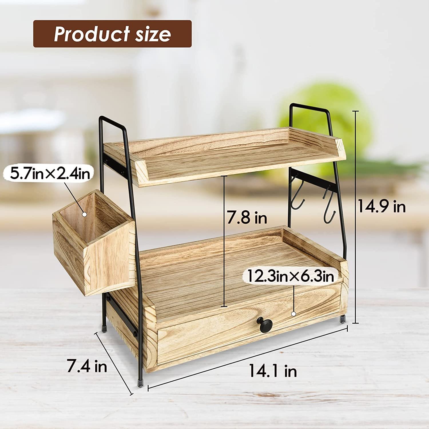 custom 2 Tier Kitchen Counter Shelf Organizer Coffee Bar station capsule Organizer with Drawer and Coffee Filter Holder