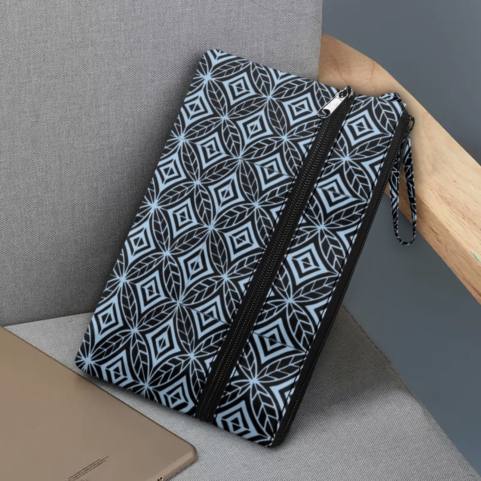 Print on Demand Geometric Floral Pattern Two Zipper Compartment Handbag Women's Small Crossbody Bag Wristlet Clutch Hand Bag