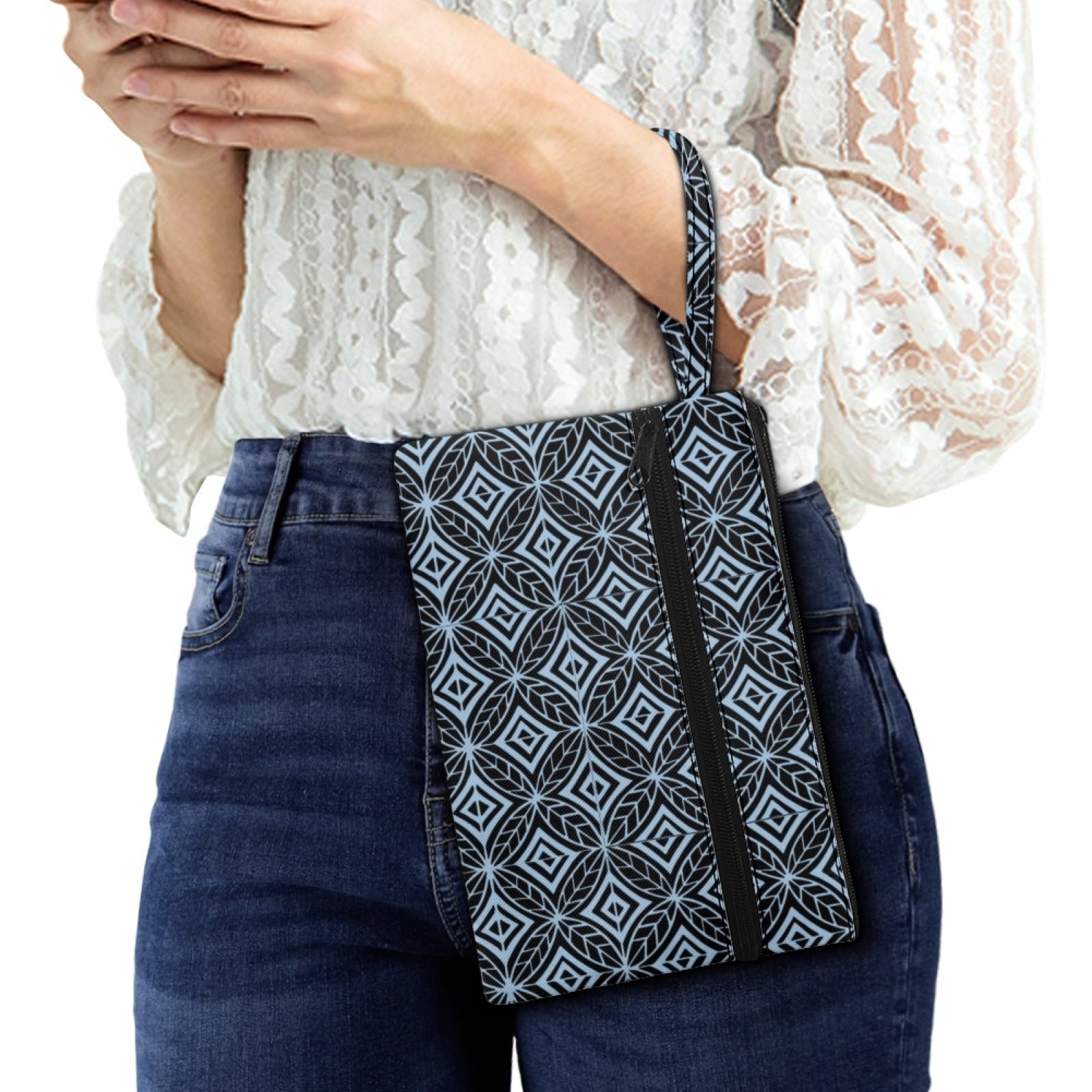 Print on Demand Geometric Floral Pattern Two Zipper Compartment Handbag Women's Small Crossbody Bag Wristlet Clutch Hand Bag
