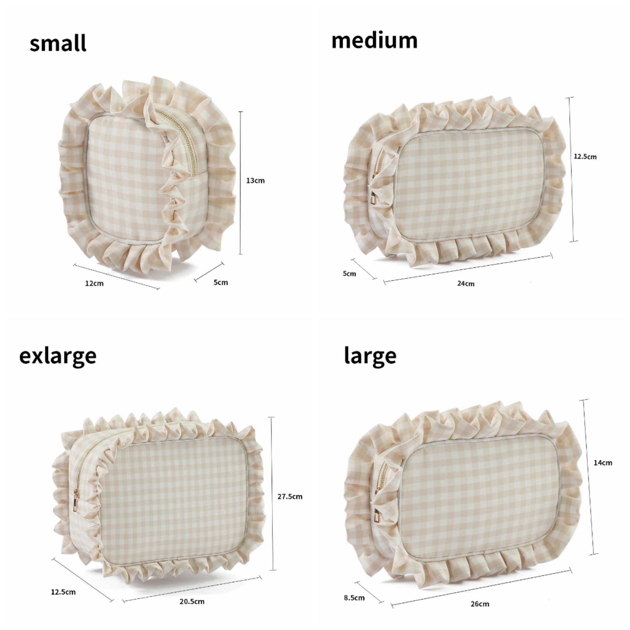 RTS Machine Washable Polyester Students Kids Travel Cosmetic Bag Women Zipper Pouch Plaid Checkered Ruffle Makeup Organizer