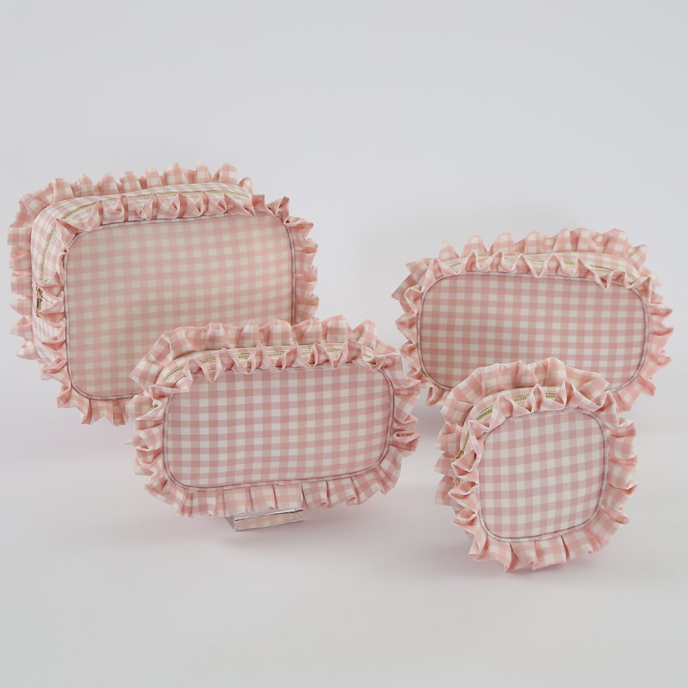 RTS Machine Washable Polyester Students Kids Travel Cosmetic Bag Women Zipper Pouch Plaid Checkered Ruffle Makeup Organizer