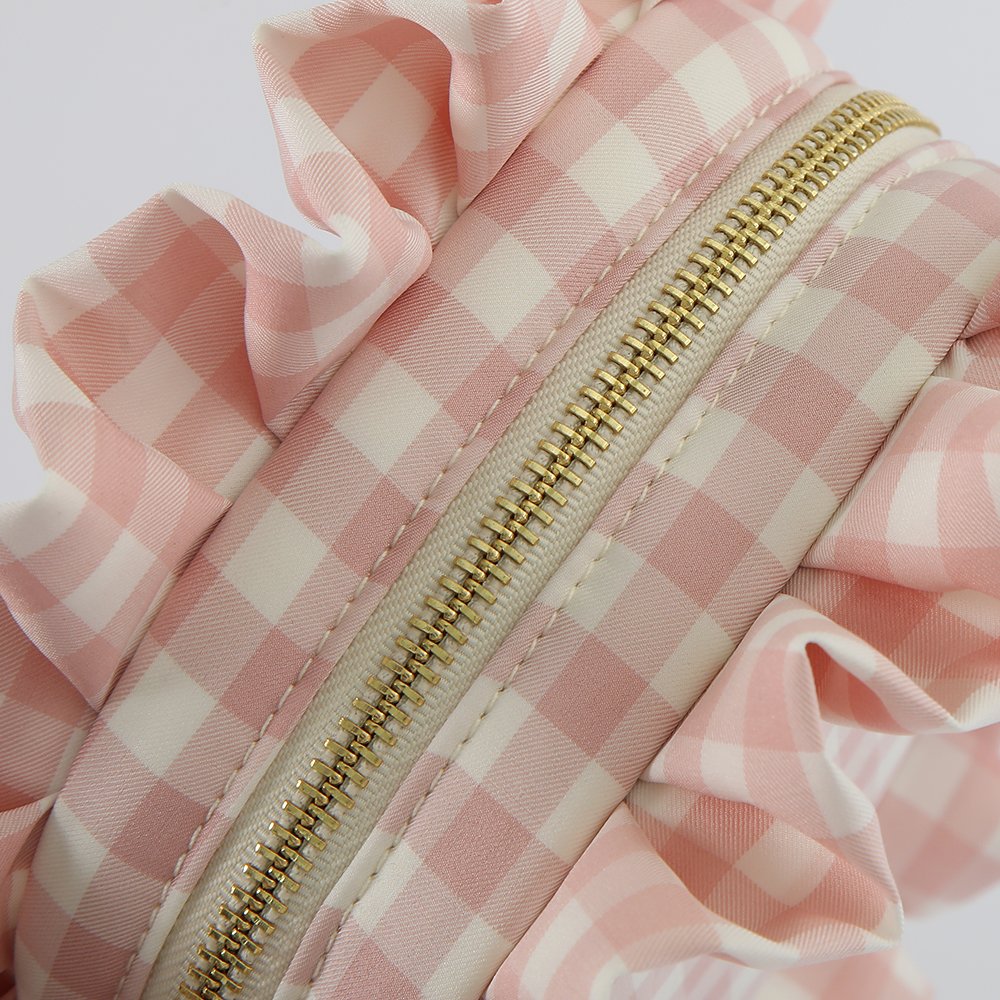 RTS Machine Washable Polyester Students Kids Travel Cosmetic Bag Women Zipper Pouch Plaid Checkered Ruffle Makeup Organizer