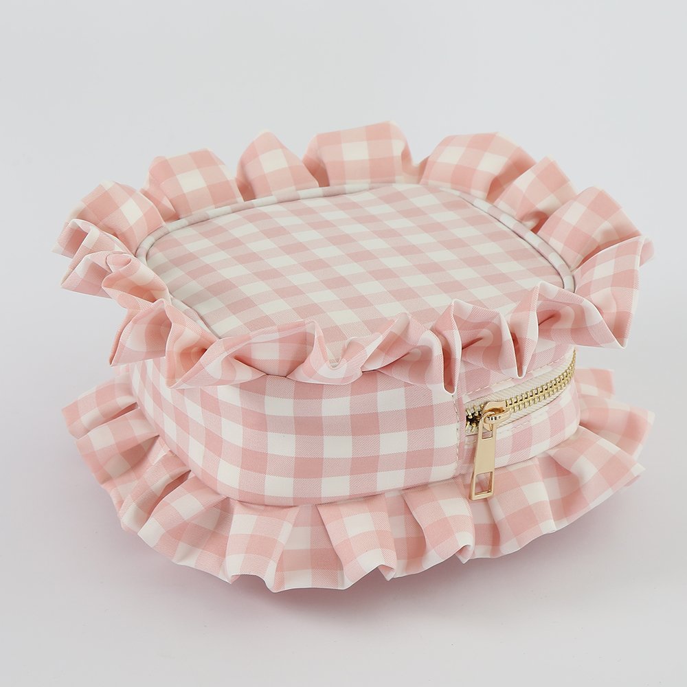RTS Machine Washable Polyester Students Kids Travel Cosmetic Bag Women Zipper Pouch Plaid Checkered Ruffle Makeup Organizer