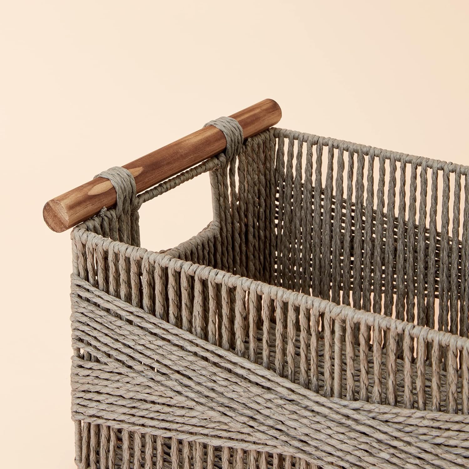 Recyclable Paper Rope Basket with Wood Handles, Decorative Hand Woven Basket Organizers for Makeup Books Shelves