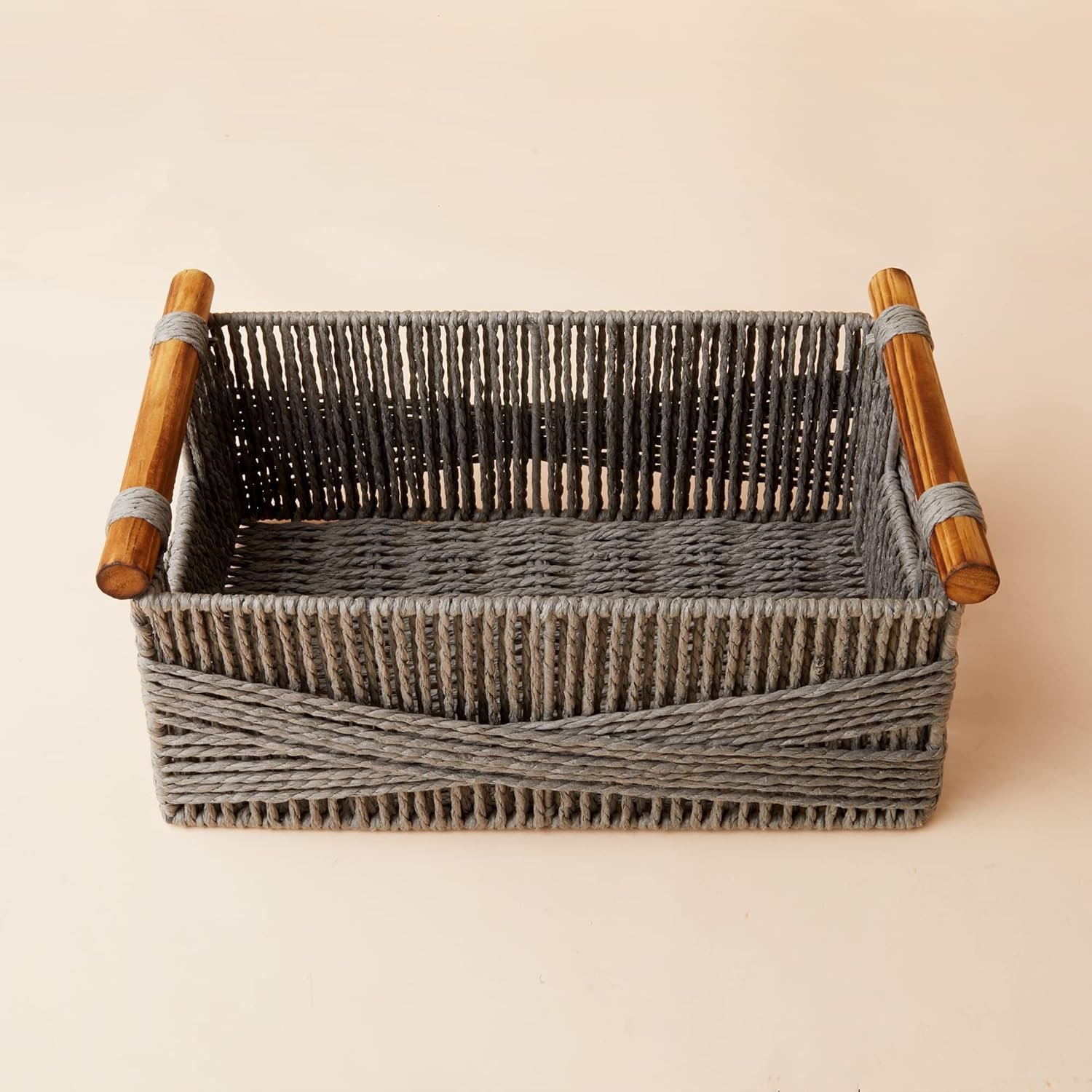 Recyclable Paper Rope Basket with Wood Handles, Decorative Hand Woven Basket Organizers for Makeup Books Shelves