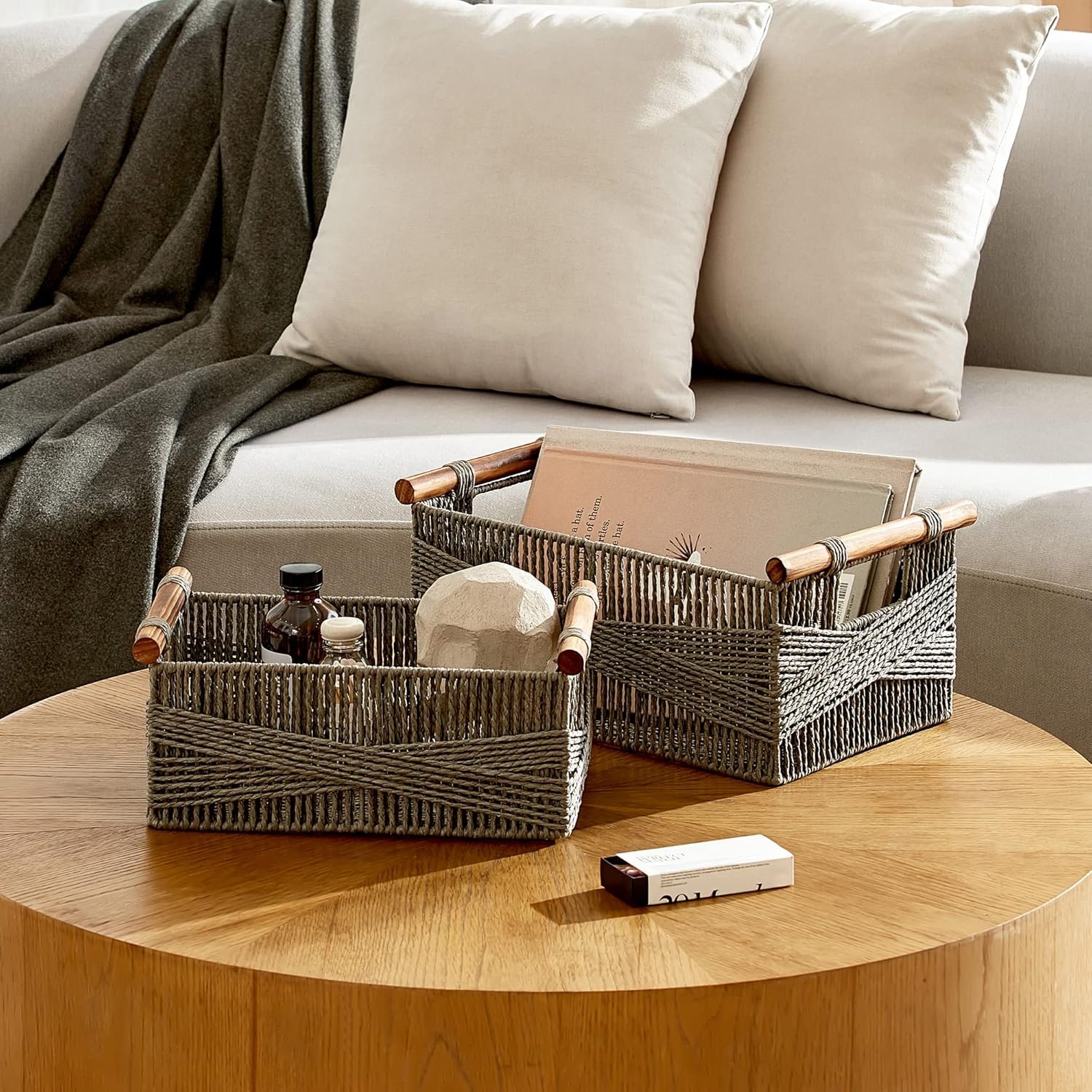 Recyclable Paper Rope Basket with Wood Handles, Decorative Hand Woven Basket Organizers for Makeup Books Shelves