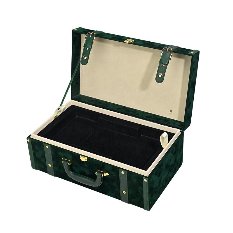 Custom Green Velvet MDF Cosmetic Makeup Box Leather Surface Wooden Storage Box Organize With Handle
