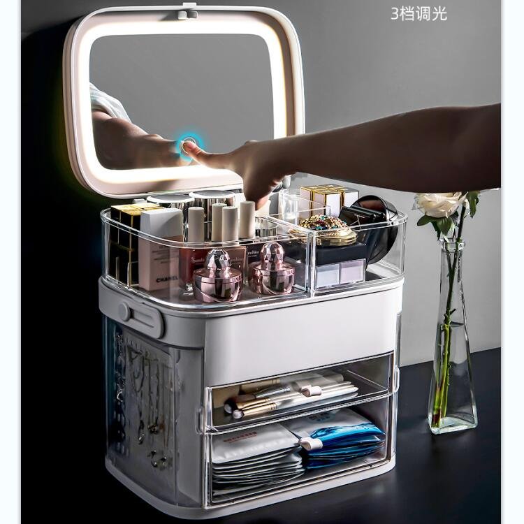 Plastic Makeup Organizer Cosmetic Storage Box Led Light Cosmetic Plastic Storage Organization Box