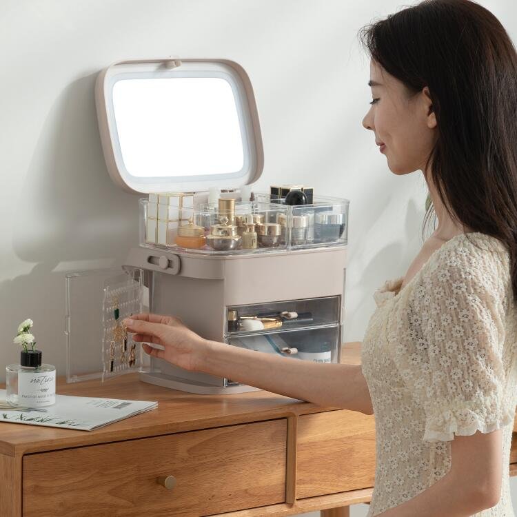 Plastic Makeup Organizer Cosmetic Storage Box Led Light Cosmetic Plastic Storage Organization Box