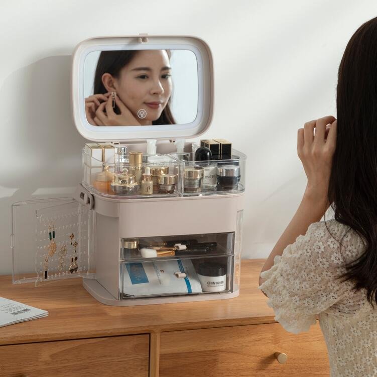 Plastic Makeup Organizer Cosmetic Storage Box Led Light Cosmetic Plastic Storage Organization Box