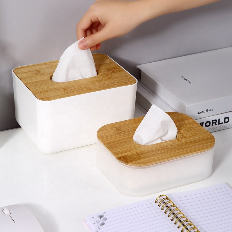 Creative home office desktop restaurant PP rectangle tissue box baby kids tissue holder plastic tissue box with bamboo cover