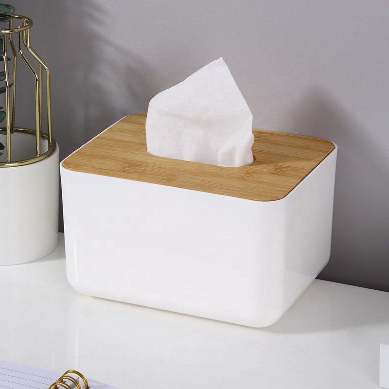 Creative home office desktop restaurant PP rectangle tissue box baby kids tissue holder plastic tissue box with bamboo cover