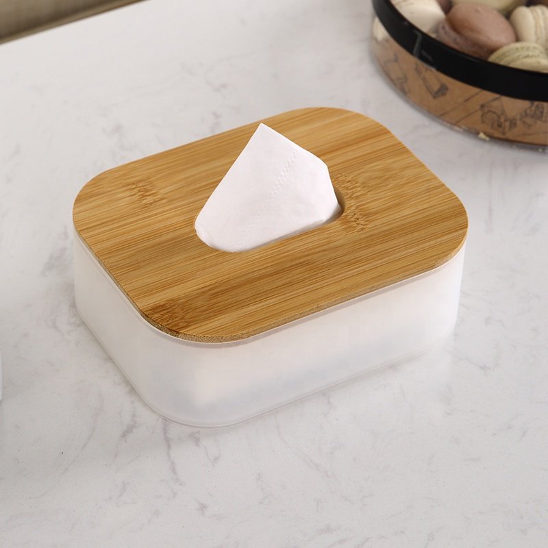 Creative home office desktop restaurant PP rectangle tissue box baby kids tissue holder plastic tissue box with bamboo cover