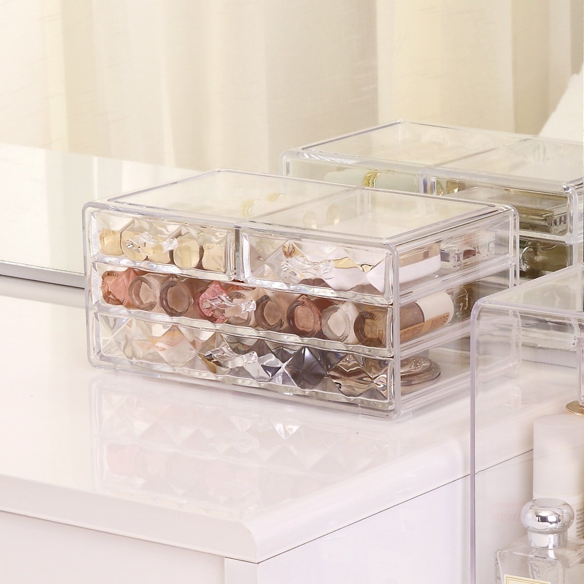 Transparent dresser acrylic cosmetic storage and jewelry display box stackable small plastic clear makeup organizer