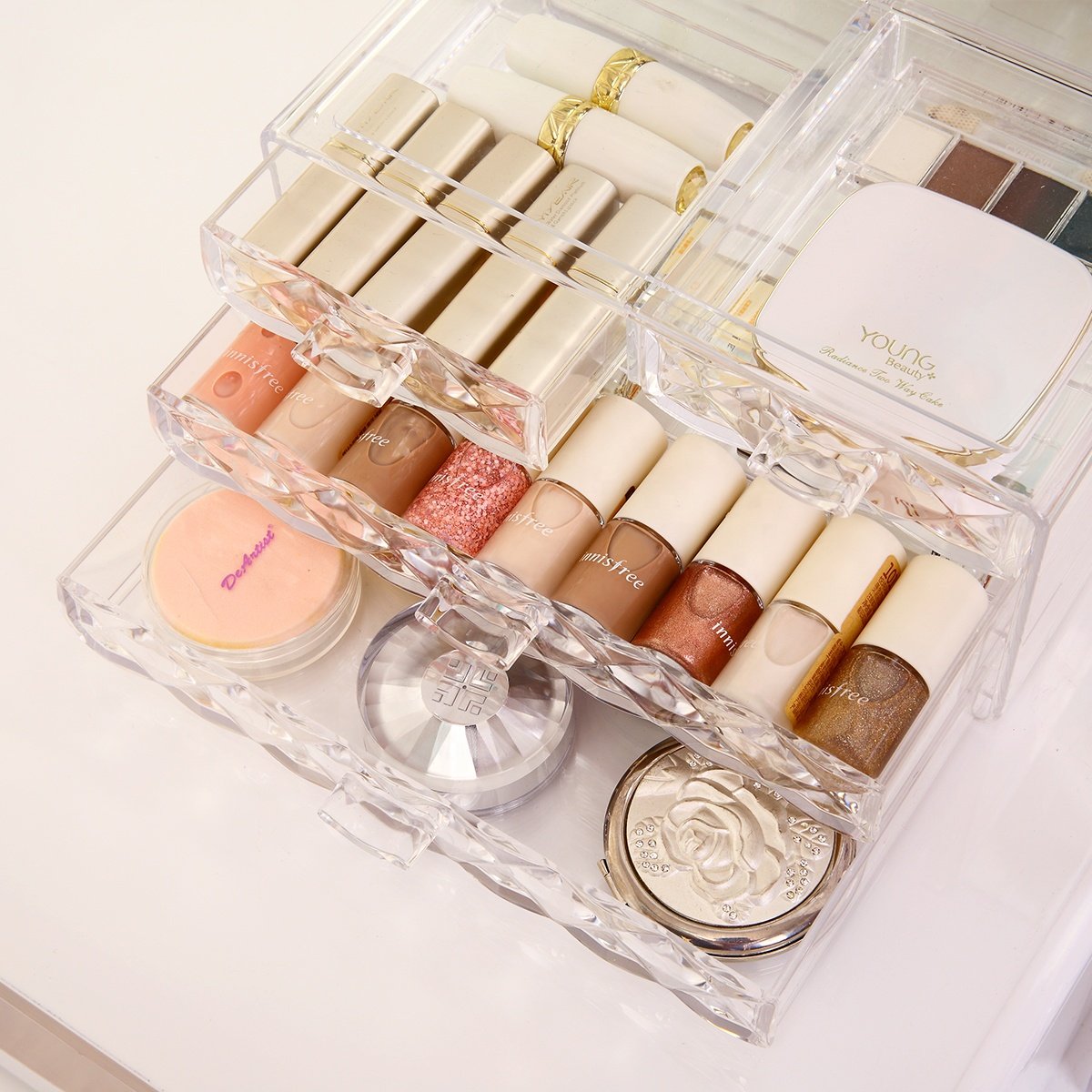Transparent dresser acrylic cosmetic storage and jewelry display box stackable small plastic clear makeup organizer