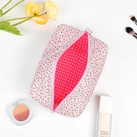 Quilted Makeup Bag Floral Cosmetic Bag Puffy Coquette Makeup pouch Aesthetic Cute Pink Travel Toiletry Bag Organizer