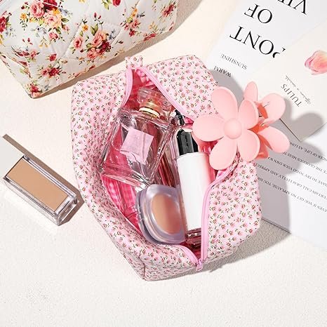 Quilted Makeup Bag Floral Cosmetic Bag Puffy Coquette Makeup pouch Aesthetic Cute Pink Travel Toiletry Bag Organizer