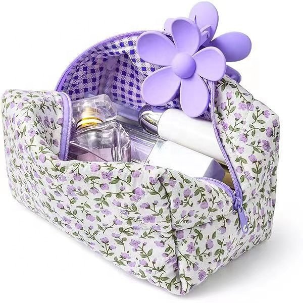 Quilted Makeup Bag Floral Cosmetic Bag Puffy Coquette Makeup pouch Aesthetic Cute Pink Travel Toiletry Bag Organizer